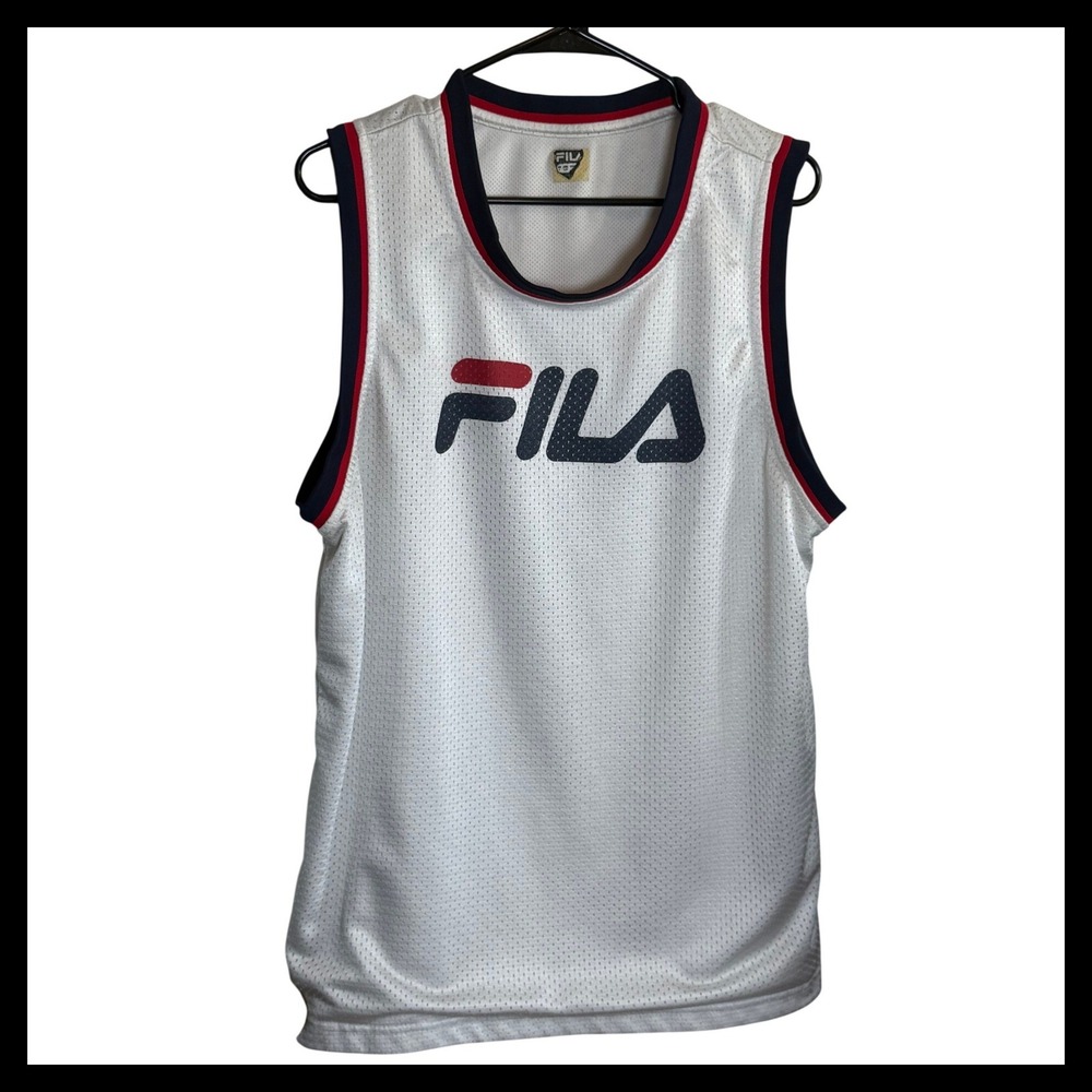 Vintage Fila Basketball Jersey Mens Large White Mesh Logo Sleeveless Tank Top